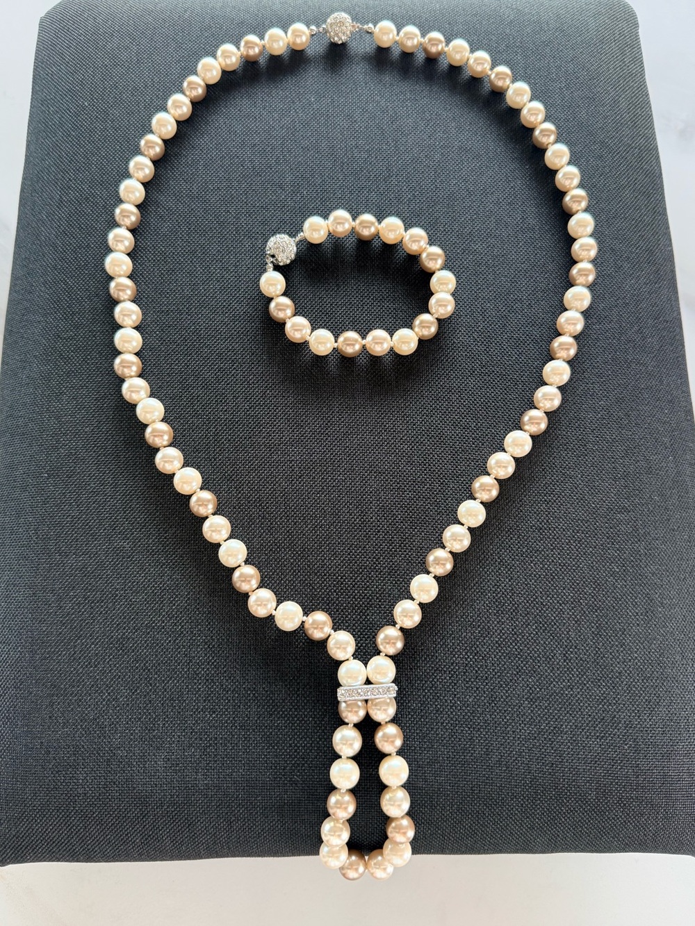 Vintage Pearl Necklace & Bracelet Set Rhinestone Clasp